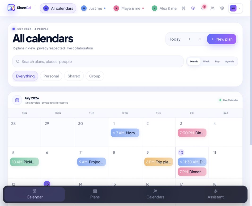 ShareCal interface prototype showing an all-calendars view with illustrative scheduled items.